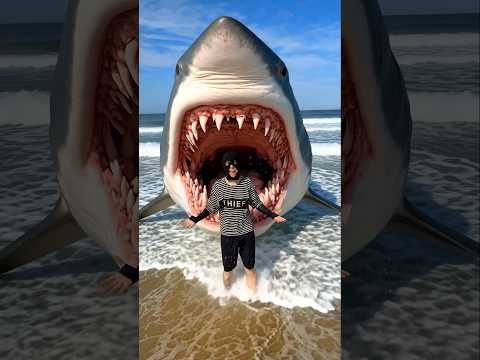 A giant shark appeared on the beach.